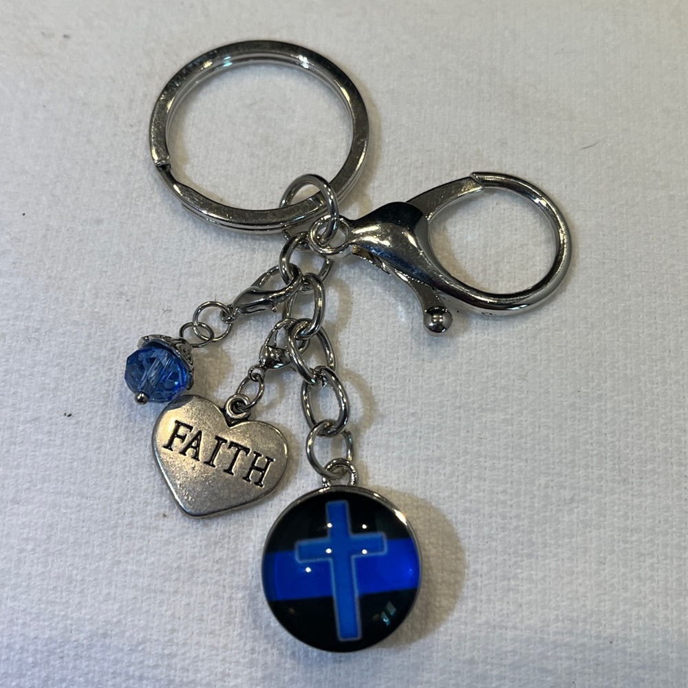 Thin Blue Line Cross Snap-On Charm Keychain